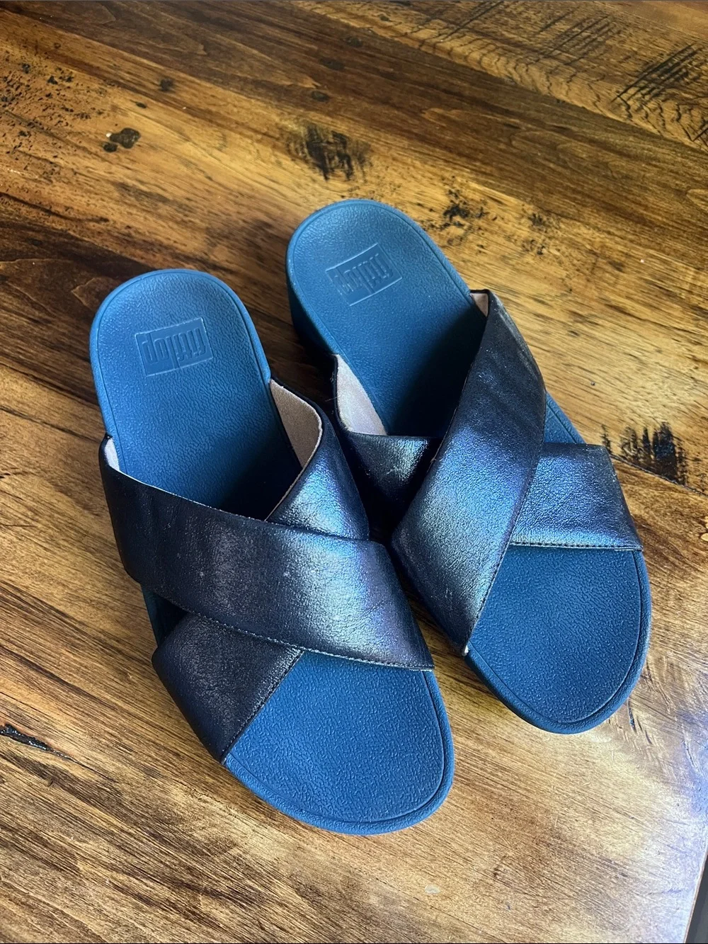Fitflop Lulu Cross Glitz Slide Sandal Navy Sz 9 Comfort Sandal